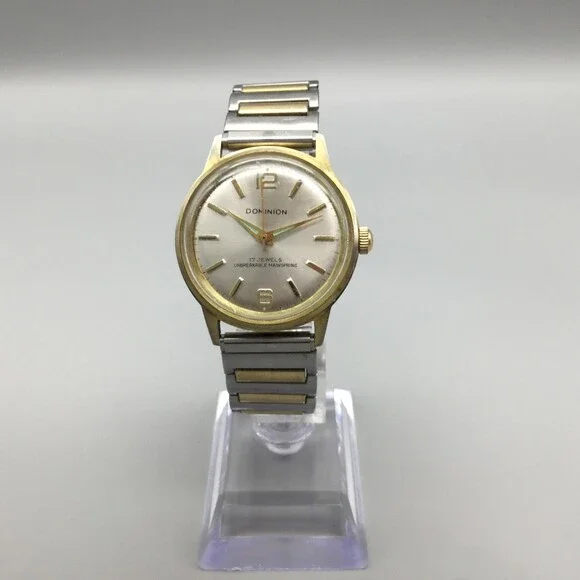 Vintage Dominion Mens Watch 34mm Silver Dial Manual 17 Jewels Two Tone Bracelet - Picture 2 of 14